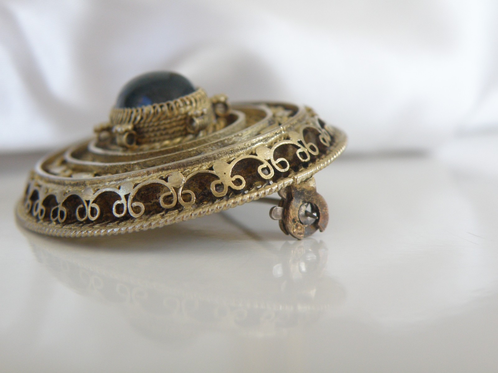 Vintage Silver Gold Plated Natura Bloodstone Large Filigree Brooch