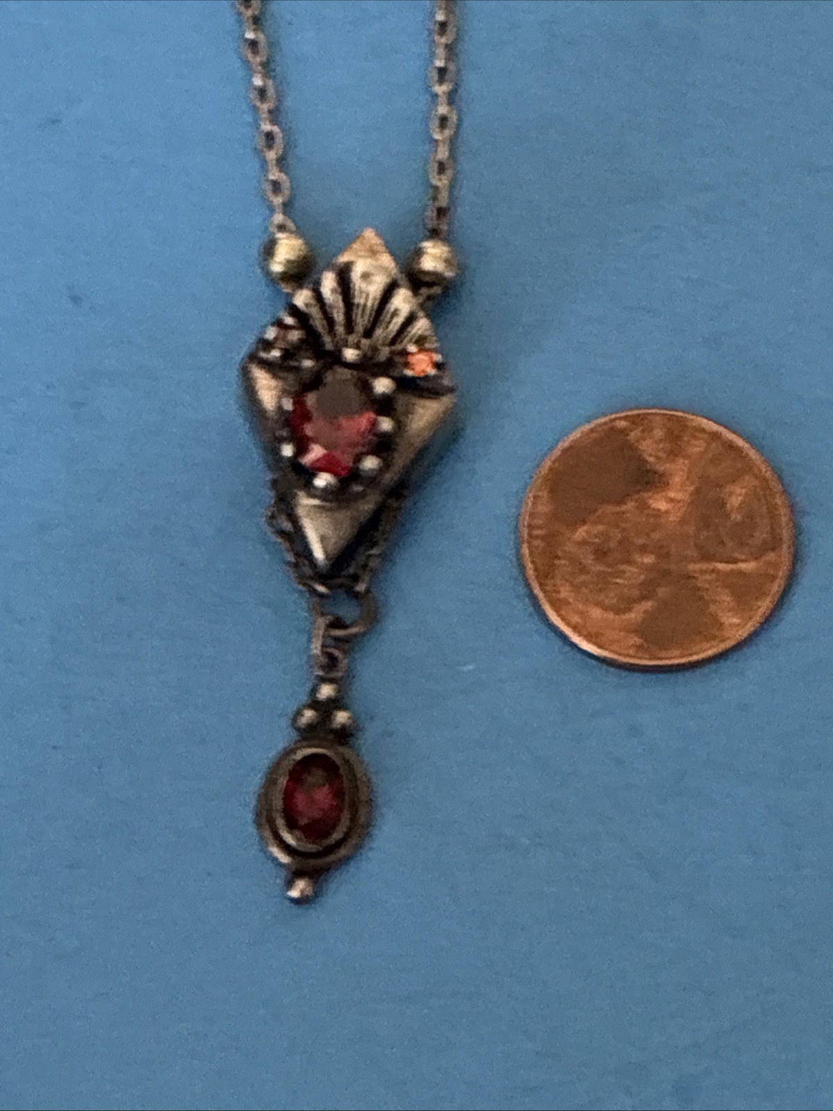 Antique Art Deco Sterling Silver Lavalier Red Garnet Pendant Necklace 17”