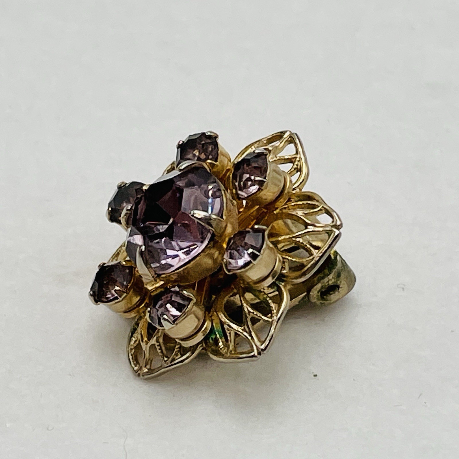 Purple Rhinestone Floral Cluster Clip on Earrings Lacy Gold Tone Metal VTG