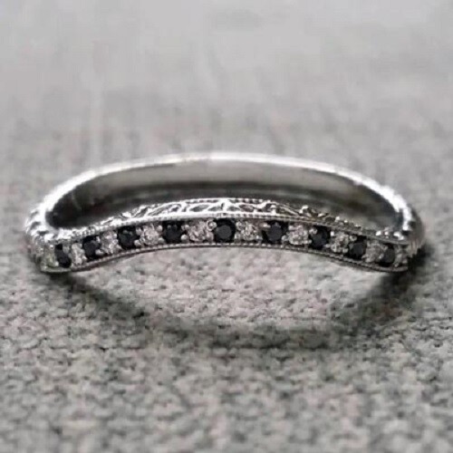 1/3CTW Black & White Round Cut CZ Art Deco Wedding Antique Eternity Silver Band