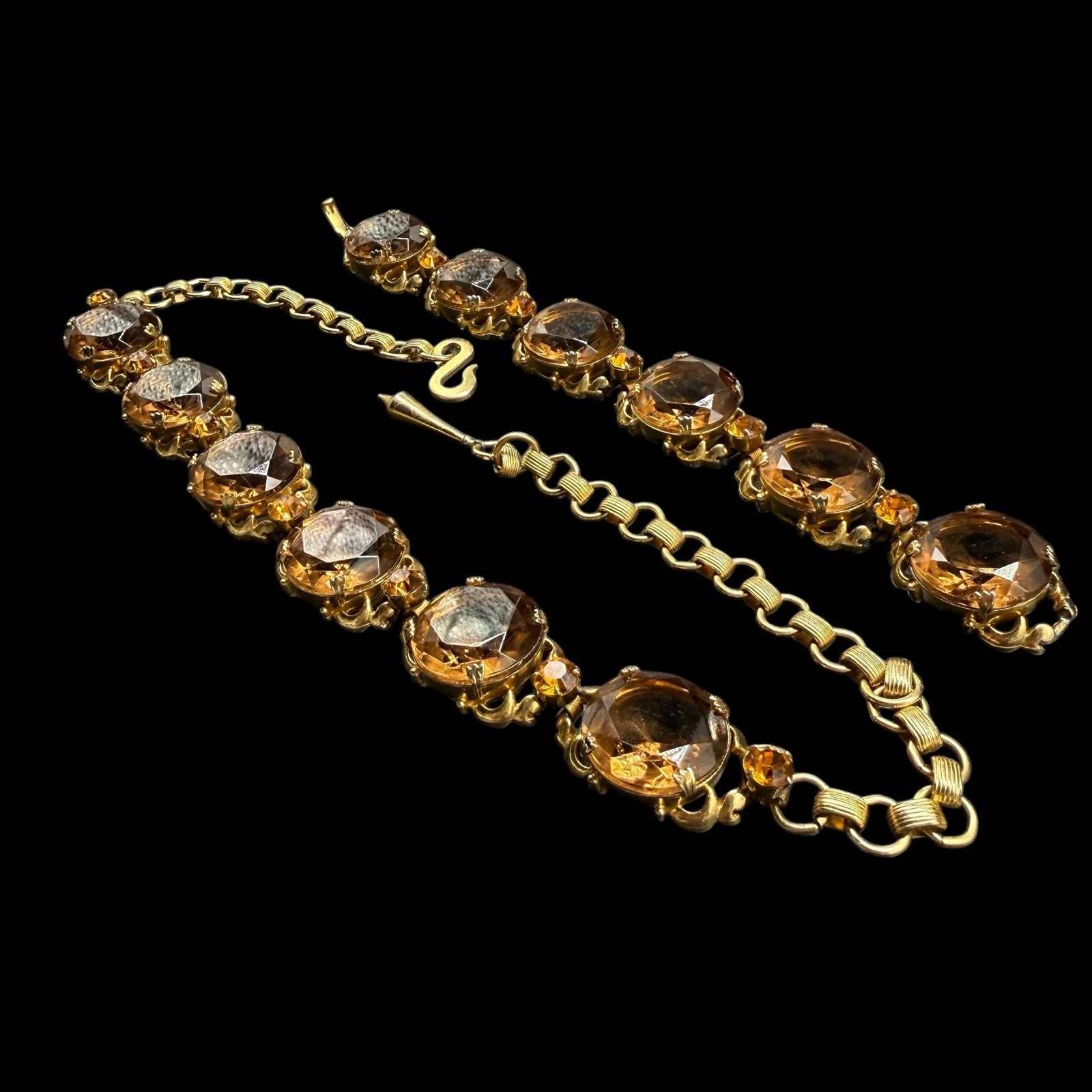 Riviere Statement Necklace & Bracelet Set Smokey Topaz Glass Collet Vintage
