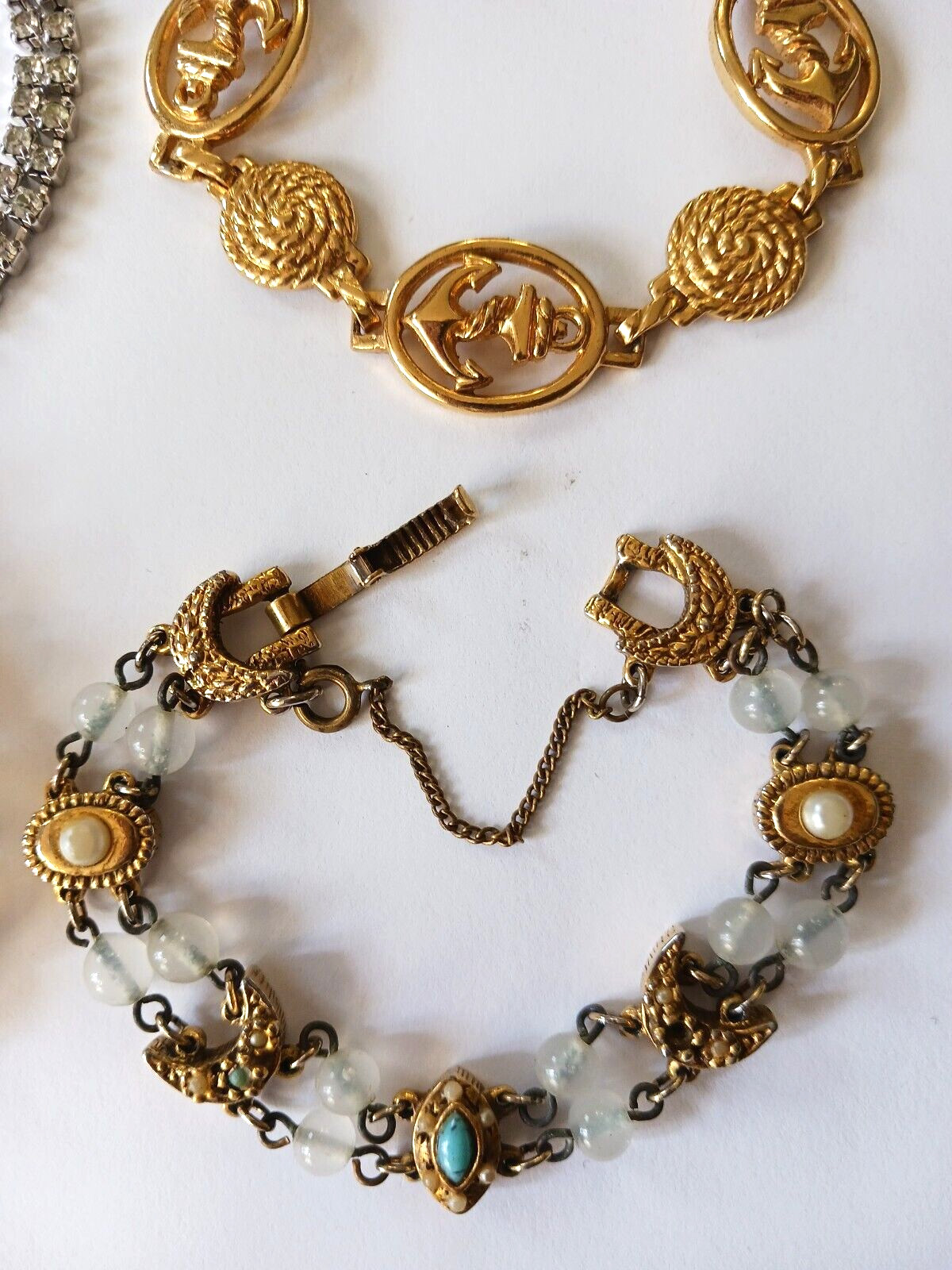 Vintage bracelets. box clasp. safety chain lock, Anchors, stones, rhinestones. 4