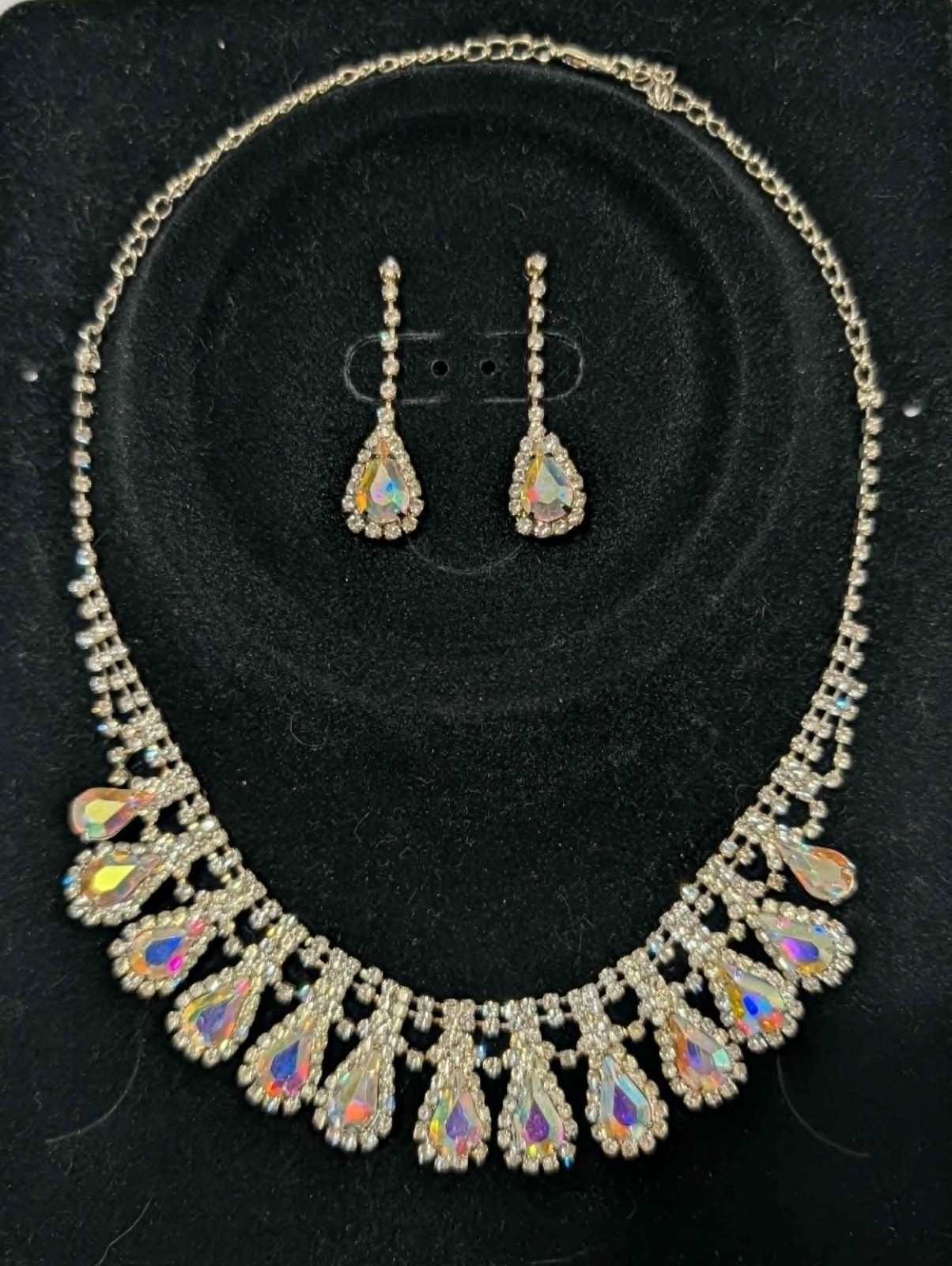 Vintage AB Rhinestone Necklace & Earrings Set Aurora Borealis Silver Tone Bridal