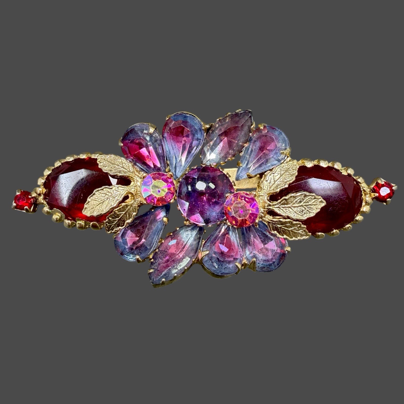 Vintage Gold Tone Red Cab Purple Pink Rhinestone Floral Linear Bar Brooch