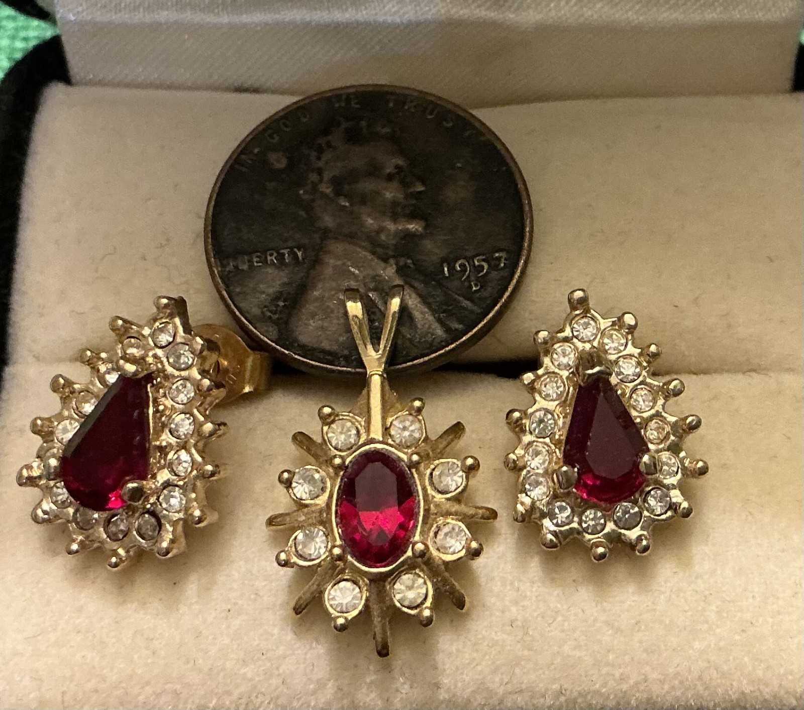 Red Stone Pendant & Earring Set Gold Tone Clear Accent Stones Vintage Estate