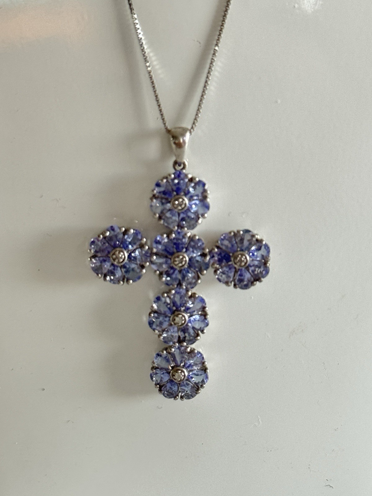 STS Rosette Iolite & Diamond Sterling Floral Religious Cross Pendant Necklace