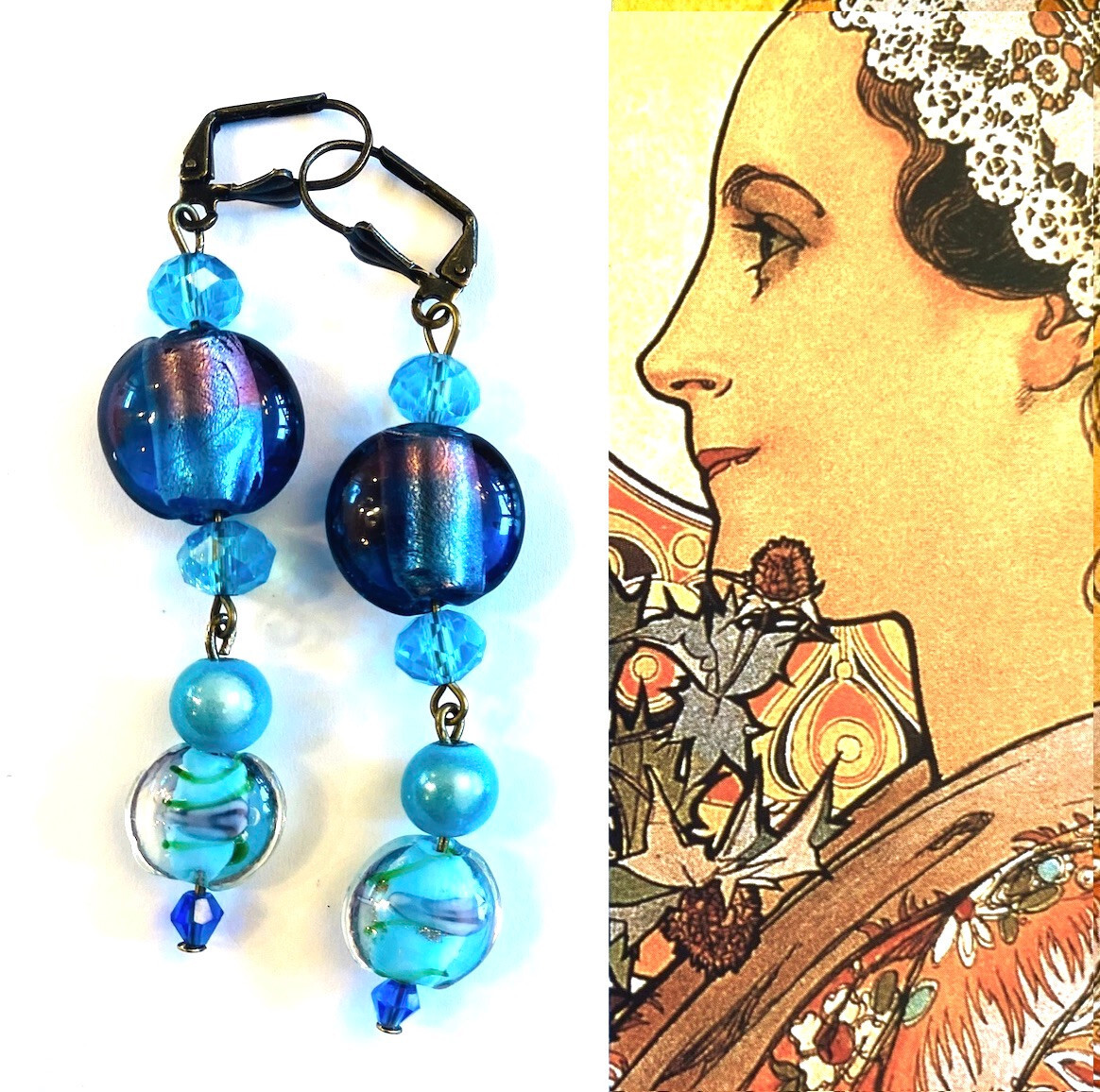 Quality Artist-made EARRINGS Lamp-work Aqua blue Glass OOK New Dangler