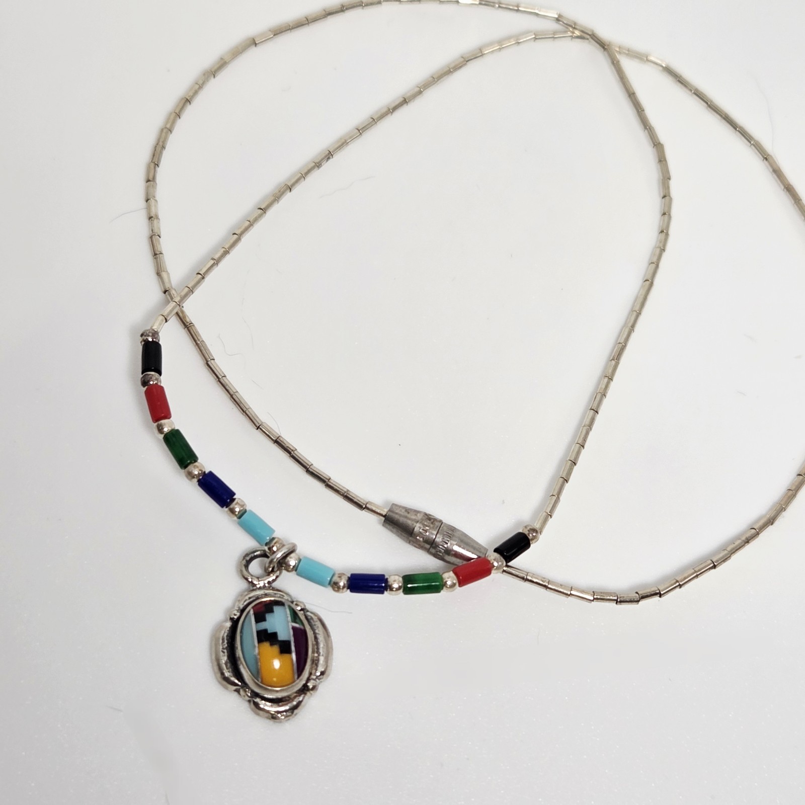 Navajo Handcrafted Oval Pendant 925 Sterling Silver Multicolor Inlay 16″ Chain