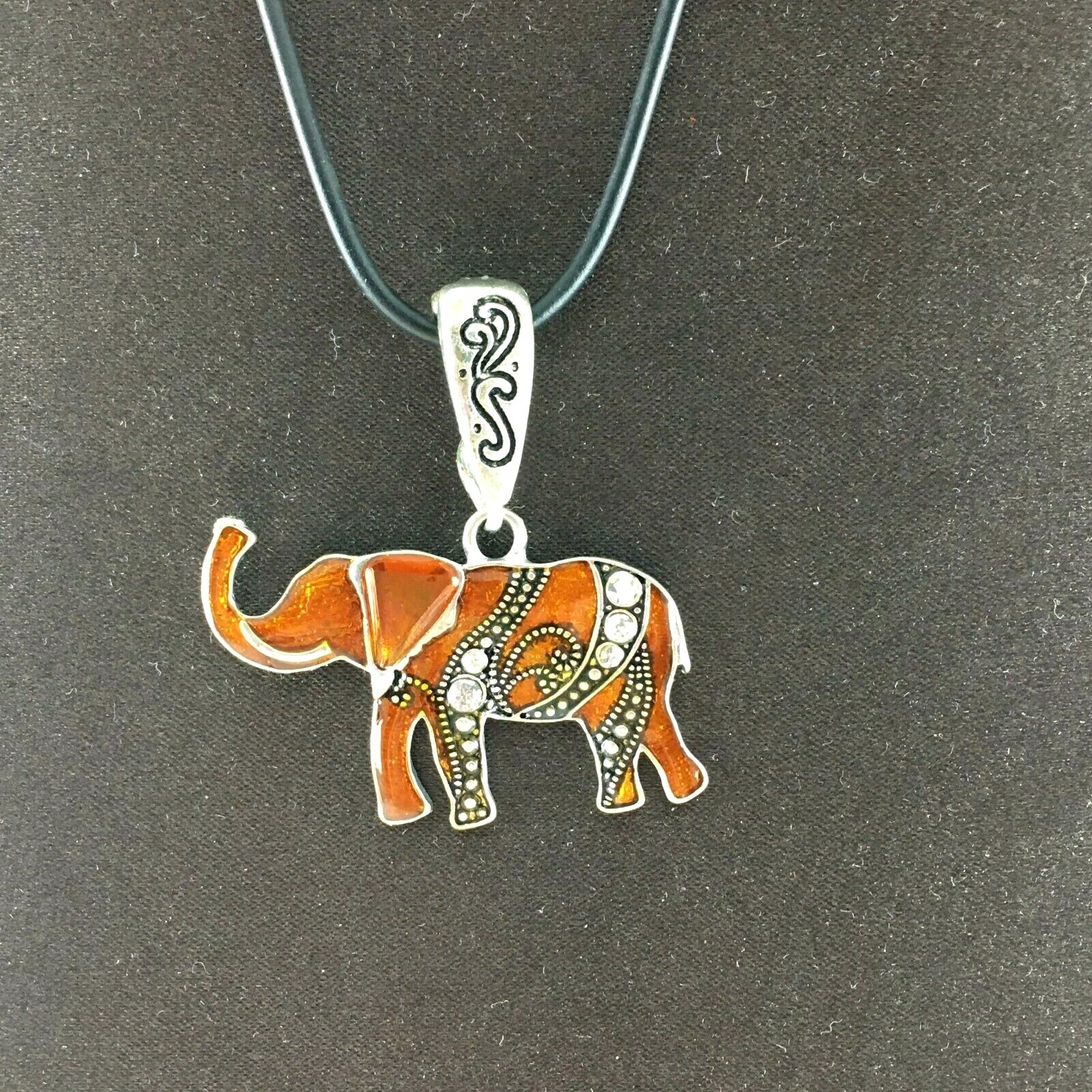 Elephant Enamel Silvertone Rhinestones Lobster Clasp Slide Black Cord Necklace