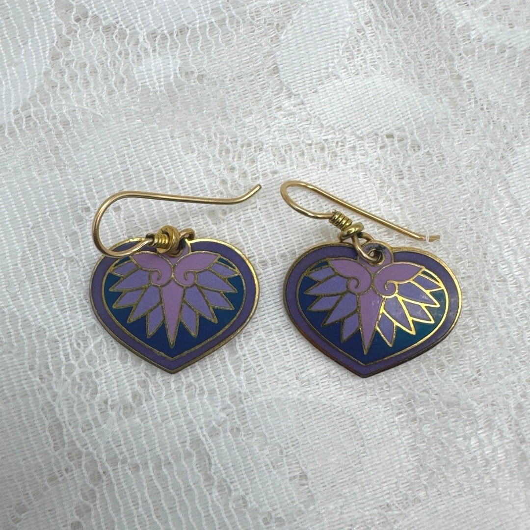 Laurel Burch Hollyhock Flower Hearts Green Pink Cloisonne Earrings Vintage