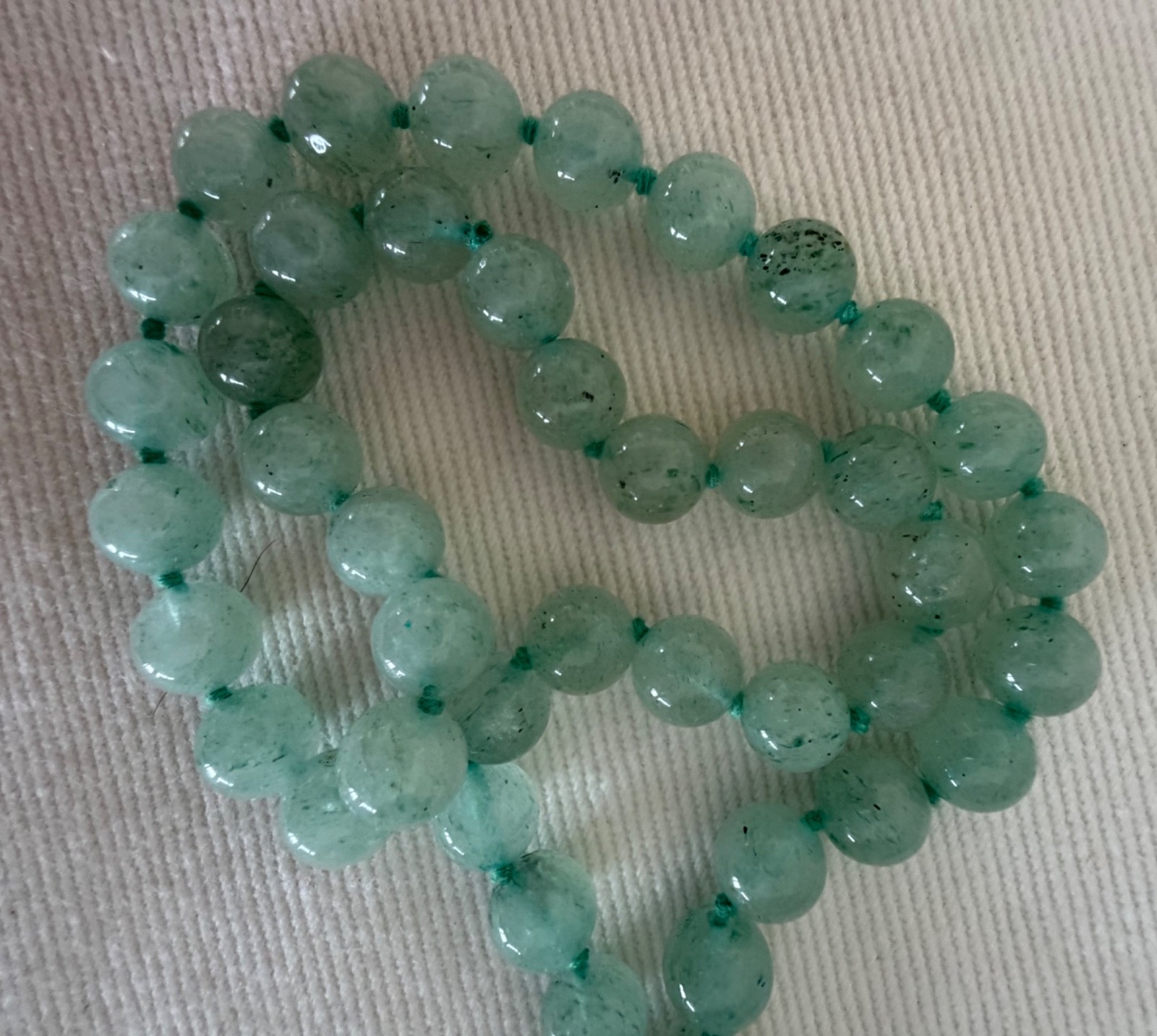 Amazing Translucent Pale Green Continuous 30″ Jadite Bead Necklace Hand Knotted