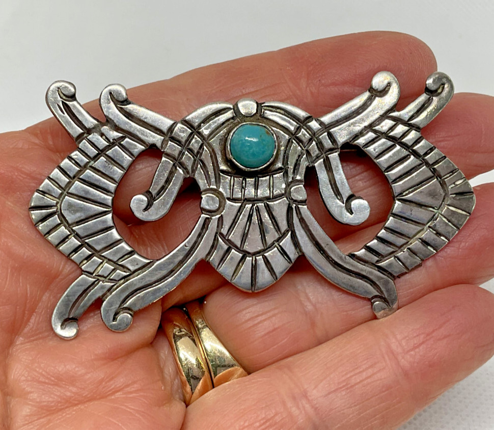Early Hector Aguilar Taxco Mexican 980 Silver Turquoise Pin Signed 1940’s