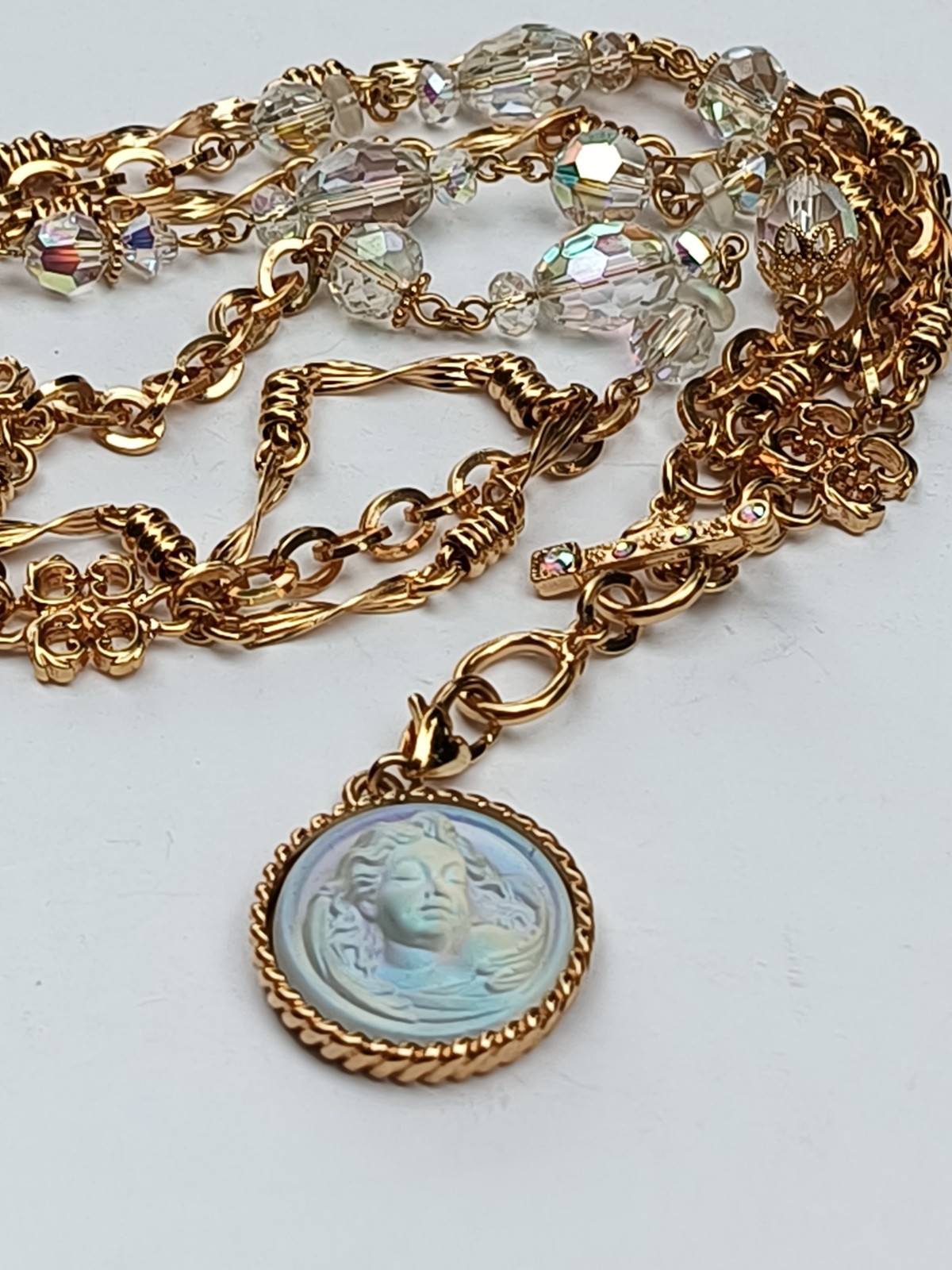 KIRKS FOLLY Angel Irade scent Love Never Dies Pendant AB Gold Tone 27″ Necklace