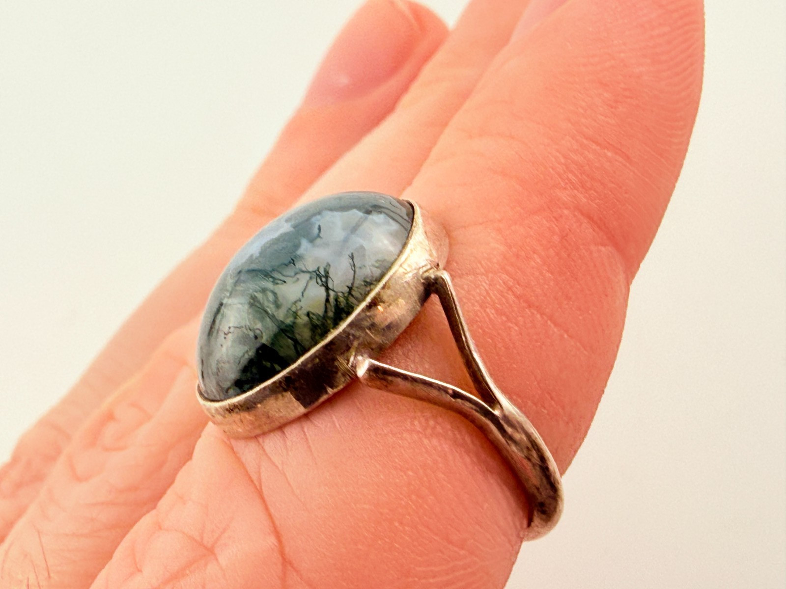 Vintage Swedish Sterling Silver Moss Agate Ring 925 Size 5.5 Three Crown Mark
