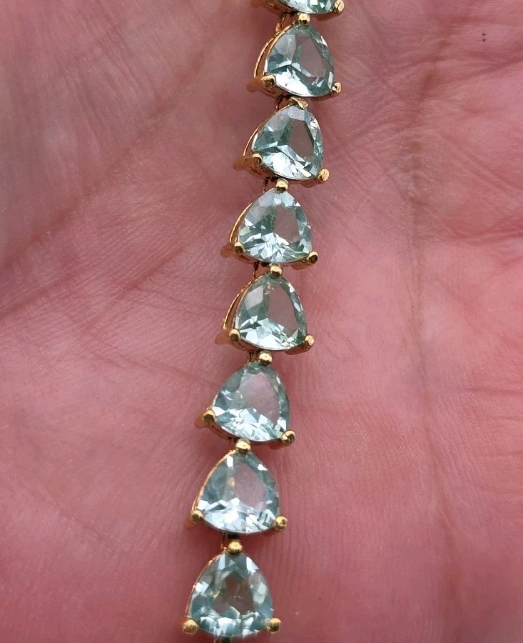 Aqua Blue Green Gold Vermeil Trillion Cut Faux Aquamarine Tennis Bracelet 6.75″
