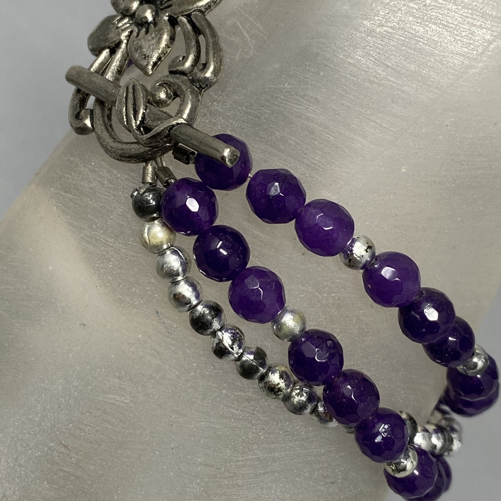 Amethyst Bracelet Purple Gemstone Faceted Stone Beads Layered Flower Toggle 6.75