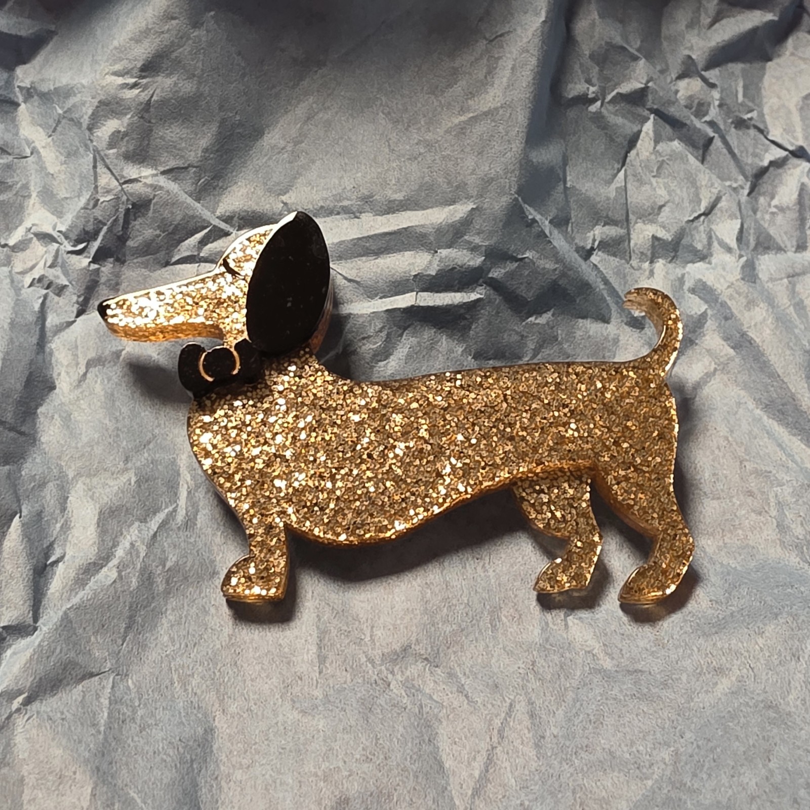 Spiffy the Sausage Dog Brooch Gold Sparkle Brooch Dachshund Pin