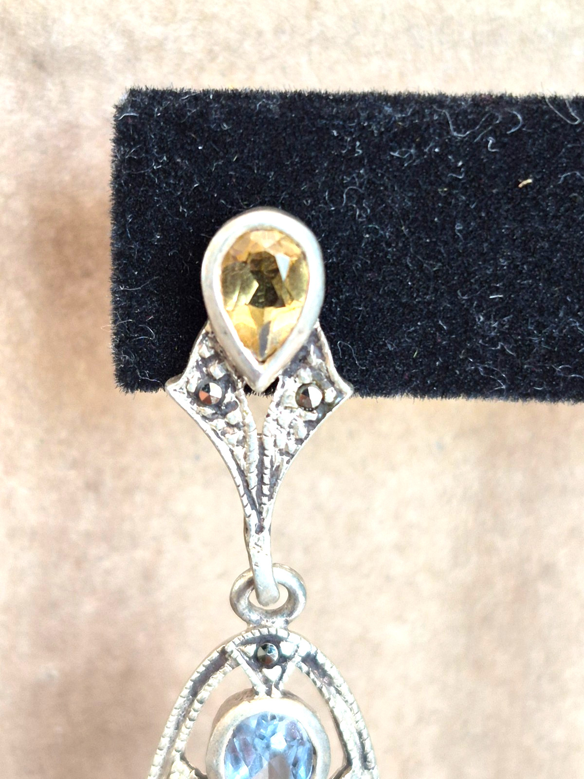 Vintage CW Marked Sterling Silver Multicolor Gemstone Marcasite Dangle Earrings