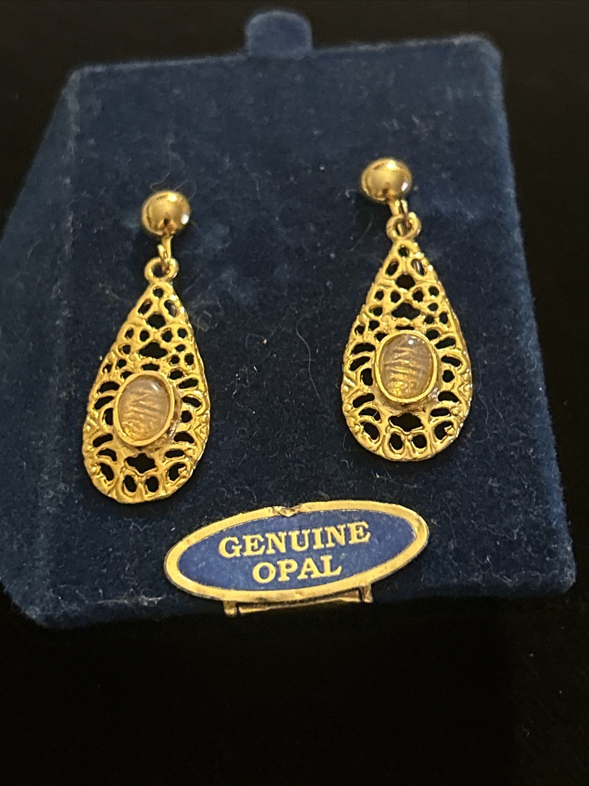 NEW Vintage OPAL Gold Tone Gemstone Filigree Earrings Clip on Dangle VTG GENUINE