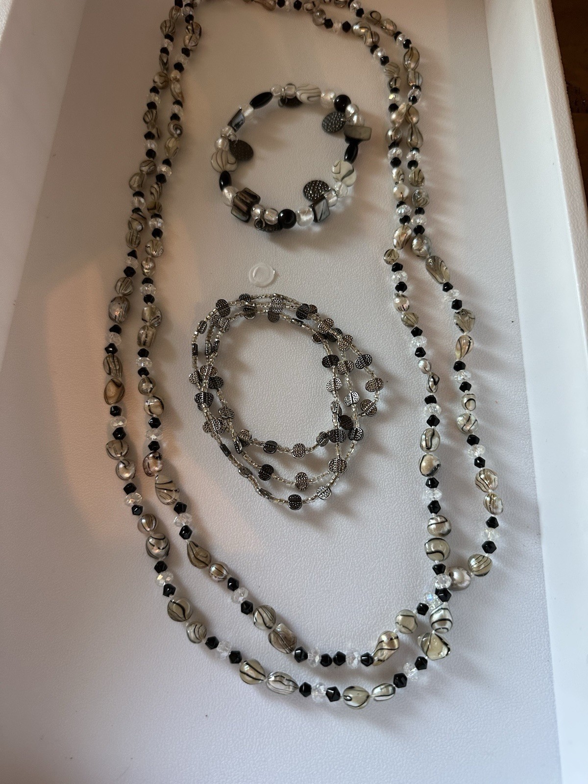 Vintage Black And Silver Glass Beaded Necklace 58” And 4 Stretch Bracelets