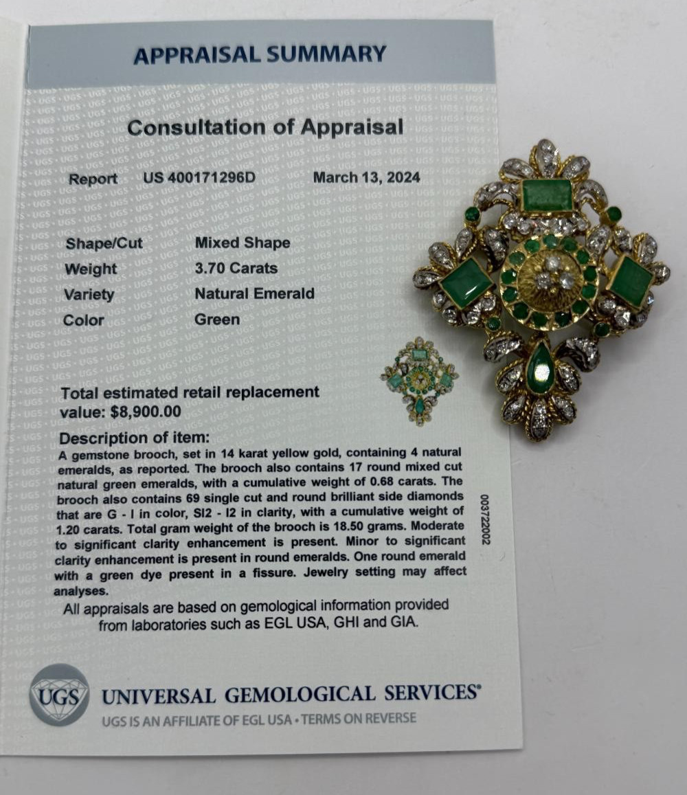 Estate Emerald & Diamond Brooch, 14K Yellow Gold, 3.70ctw Emeralds. Vintage