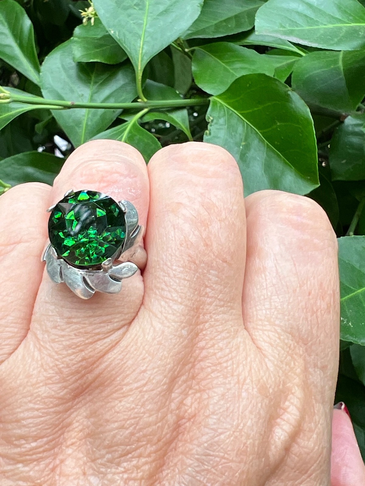 VINTAGE LARGE ROUND GREEN PASTE GLASS RHINESTONE RING 925 STERLING SLVER MEXICO