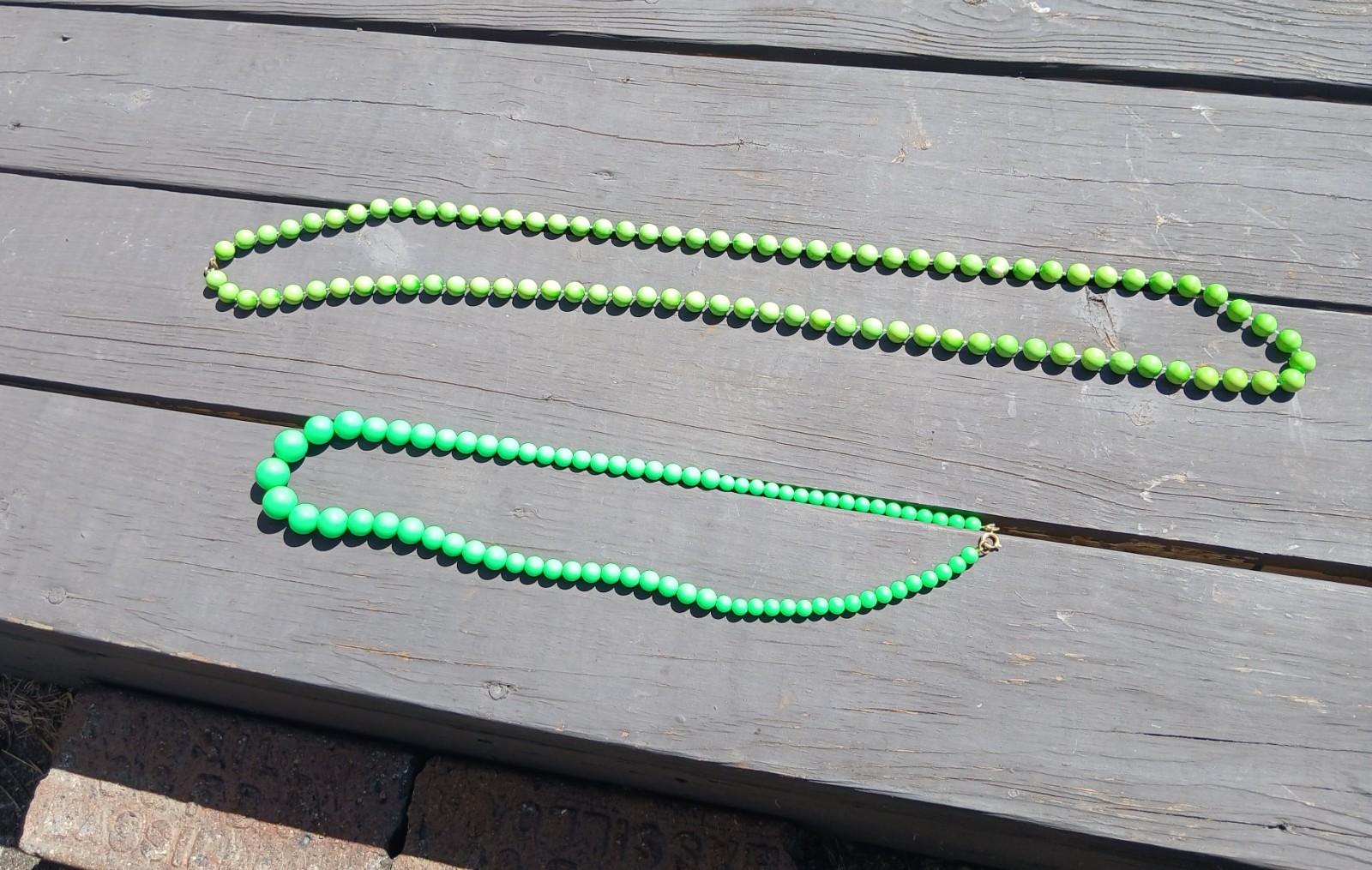 2 Vintage Bright Vivid Green Plastic Beads Necklaces