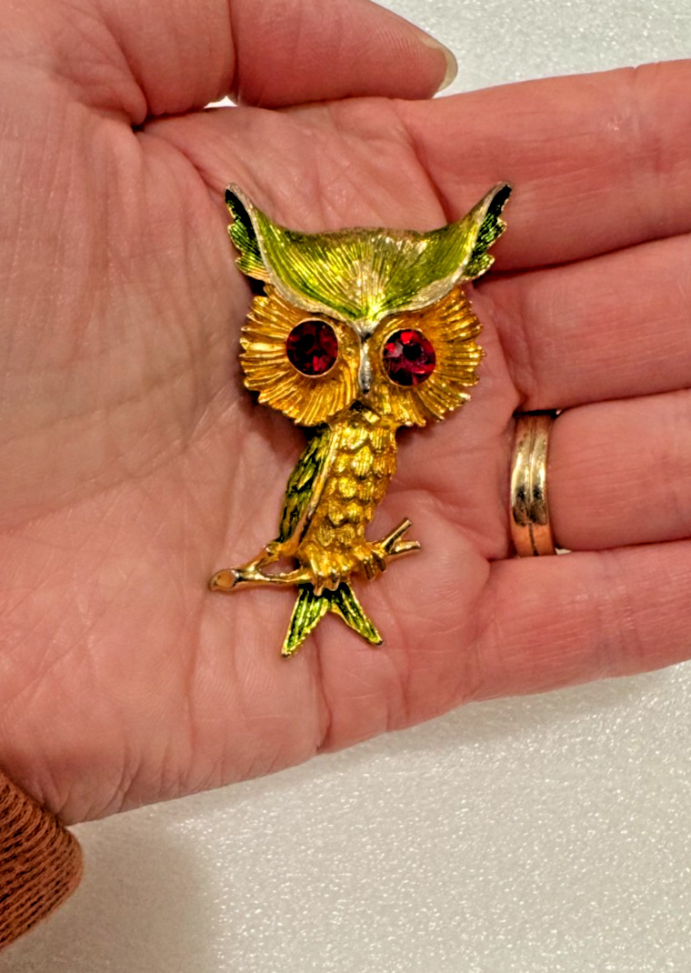 Lot of 4 Vtg Owl Bird Pins Brooches Rhinestones Mixed Metals Articulated Jonette