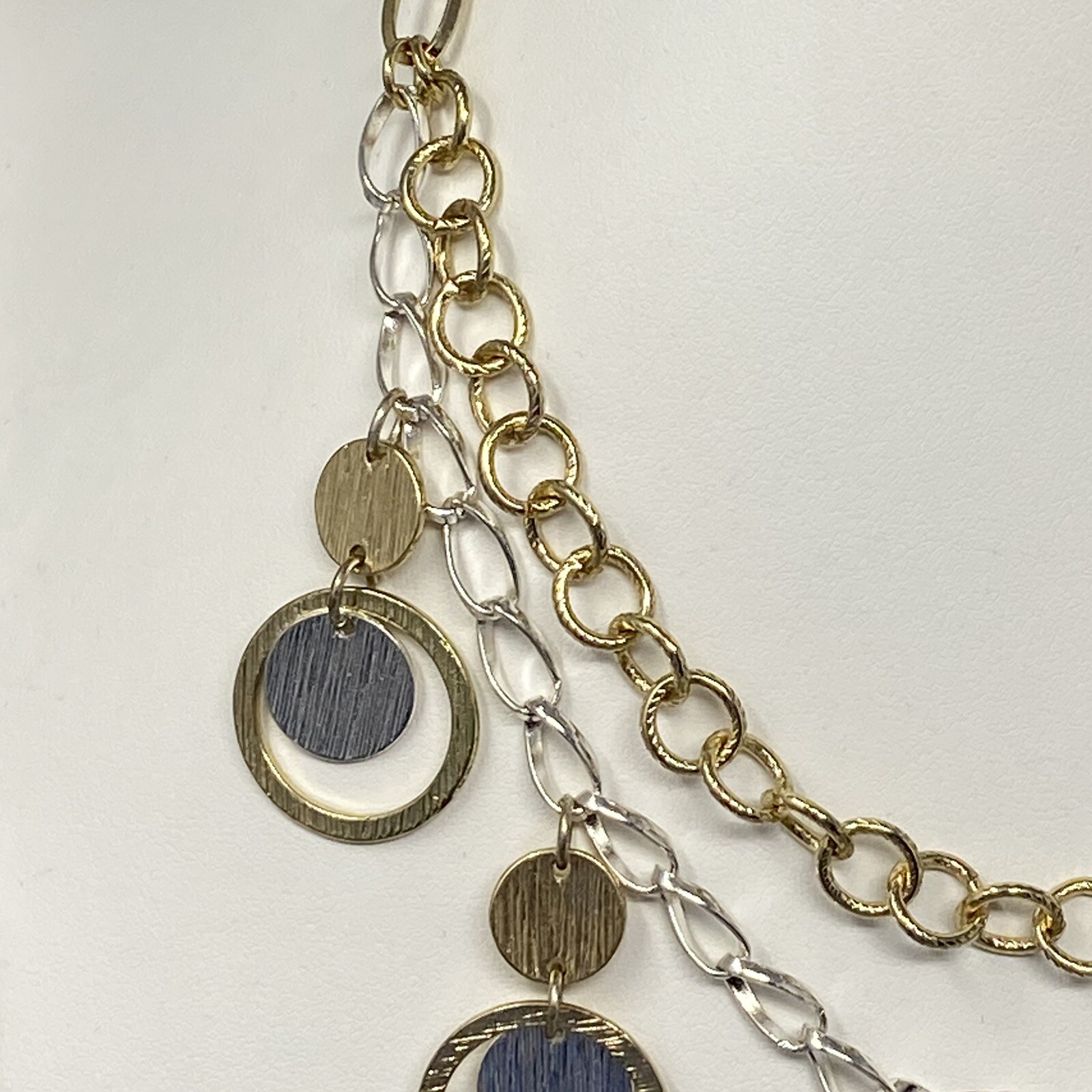 Fringe Disc Necklace Two Tone Gold Silver Layered Brushed Chain Collar Bib 18″