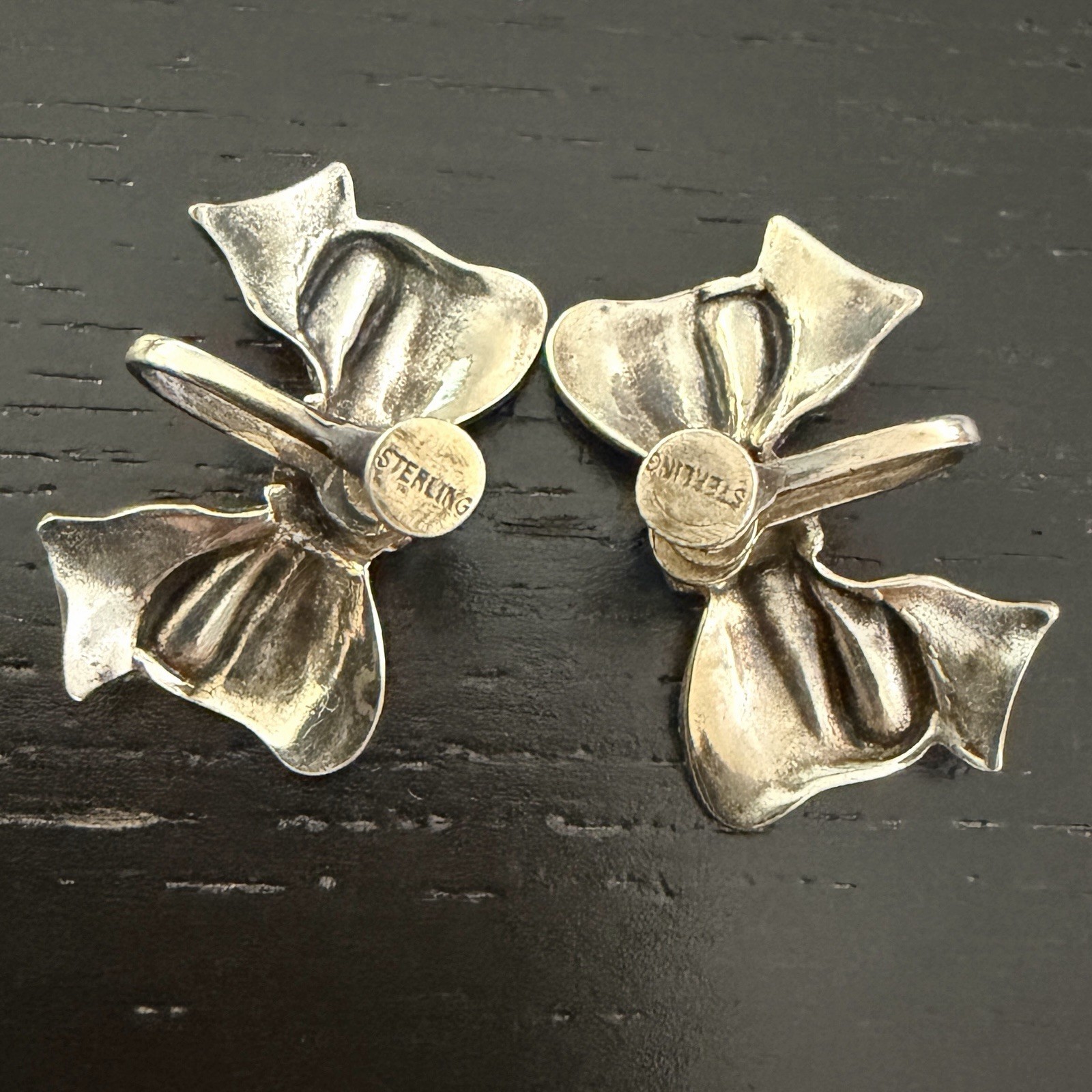 Vintage Sterling Silver Bow Ribbon Screw Back Earrings Rhinestone Accent 6.94g