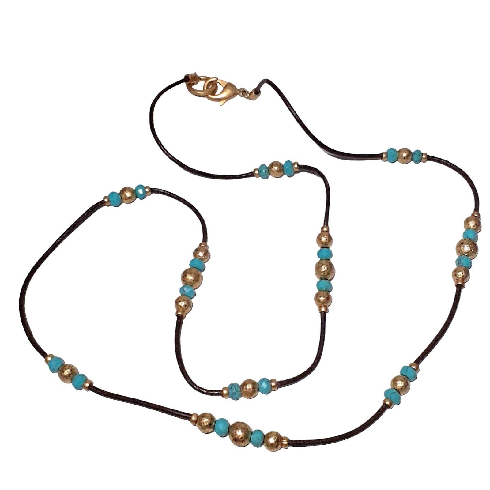 Artisan Leather Cord Necklace Hammered Metal Beads Blue Mixed Materials 32″