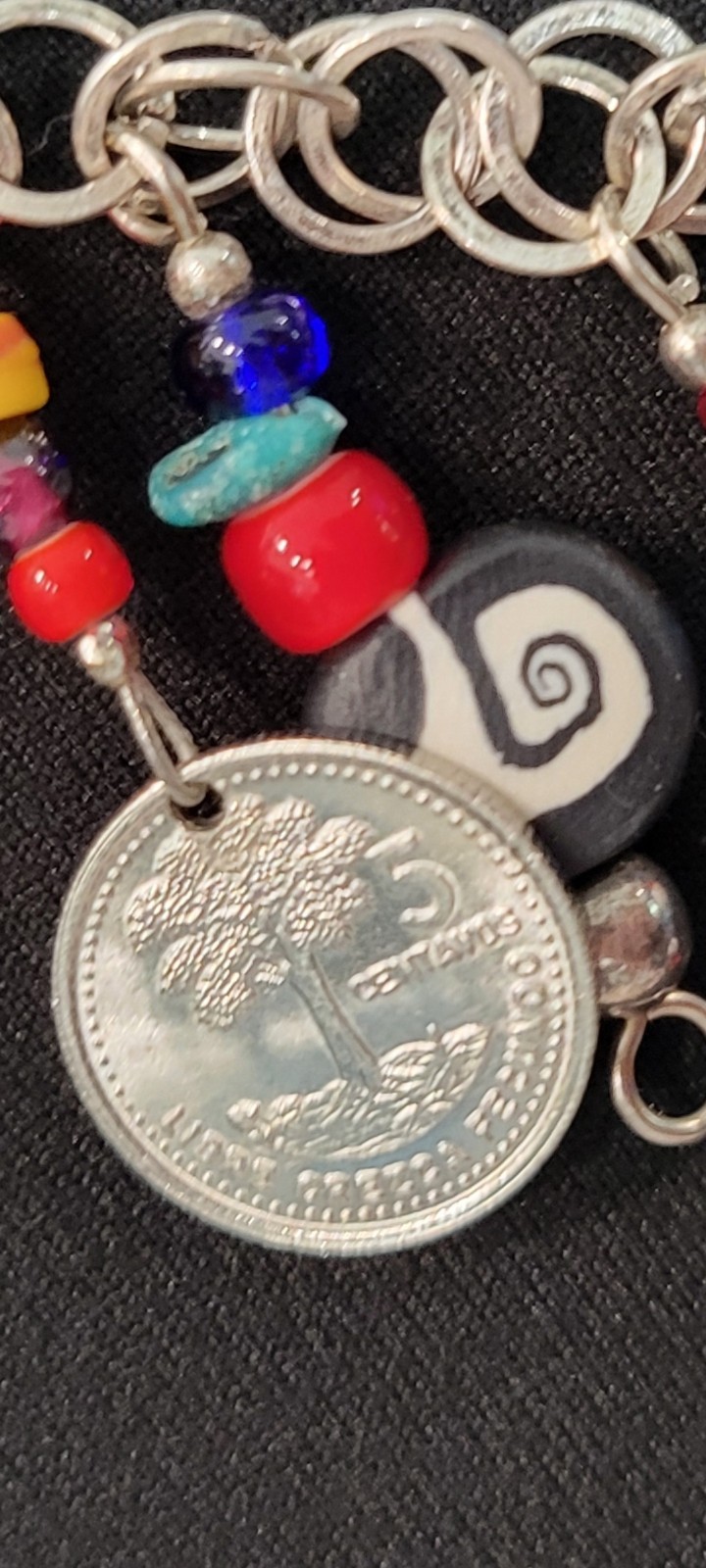 Vintage Multi-stone Tribal Guatemala Coin Charm Beaded Strand Silver Toned Boho