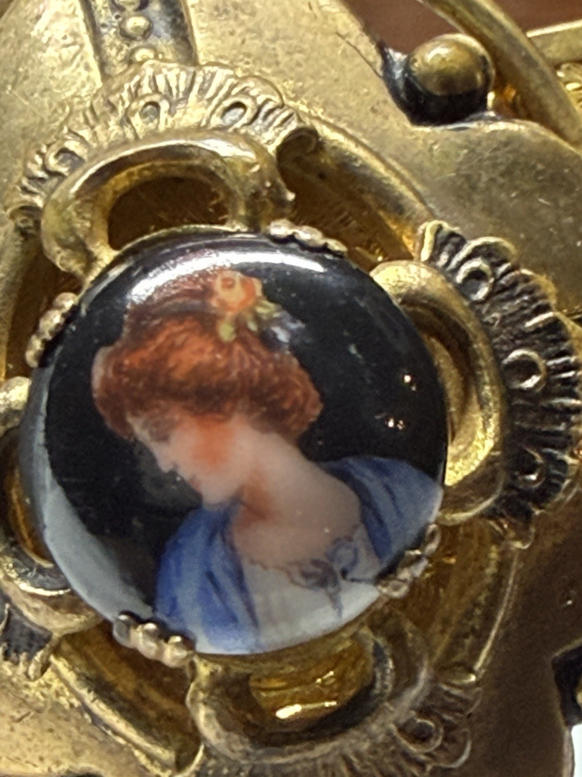 Antique Victorian Porcelain Miniature Portrait Bangle Cuff Bracelet C. 1900