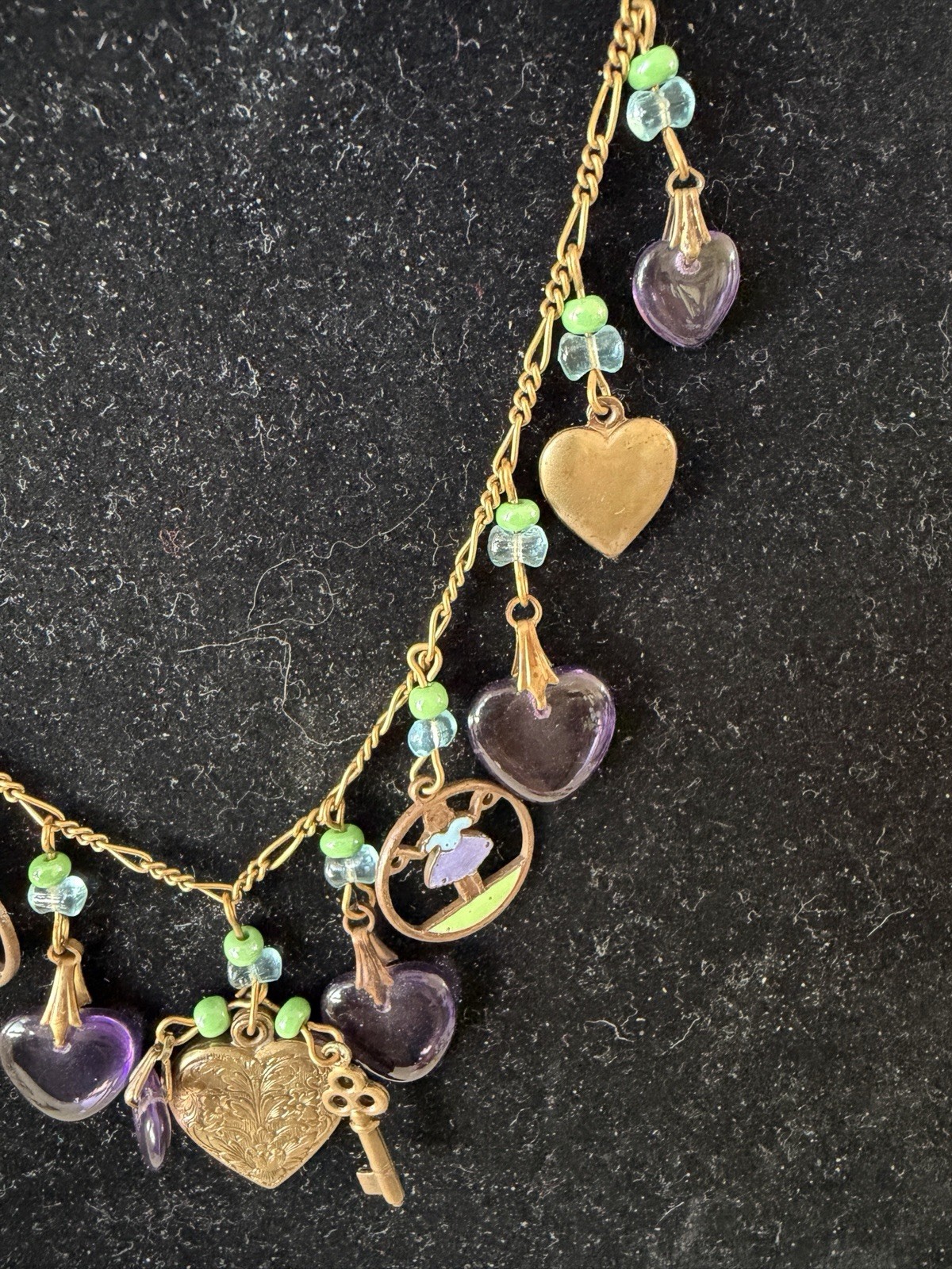 Vintage Signed Glassworks Studio Multi Charm Love Luck Fun Heart 18″ Necklace