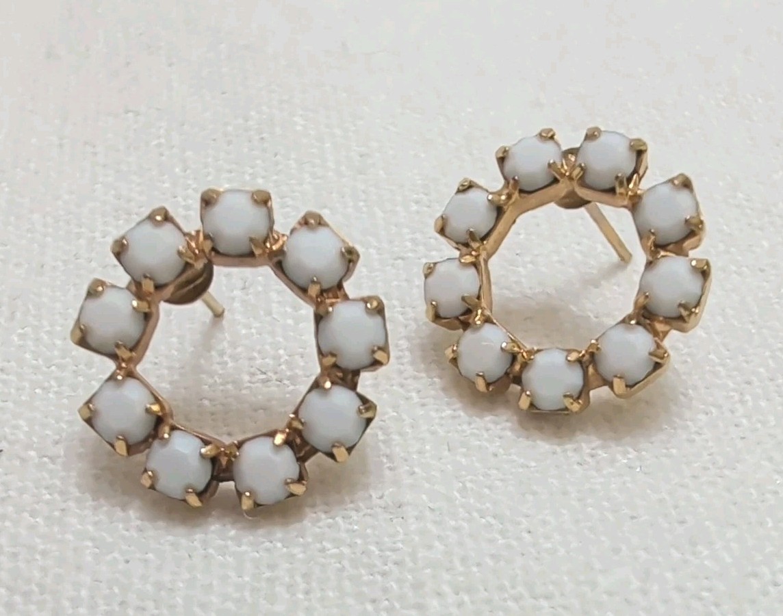 Vtg White Stone Circle Post Pierced Earrings MCM 1950s Dainty Petite Classic