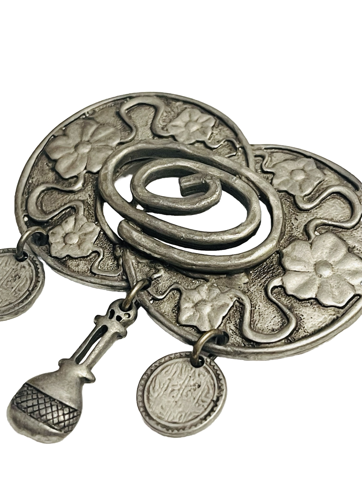 Vintage Renaissance Era Pewter 3 Charm Whimsical Brooch.