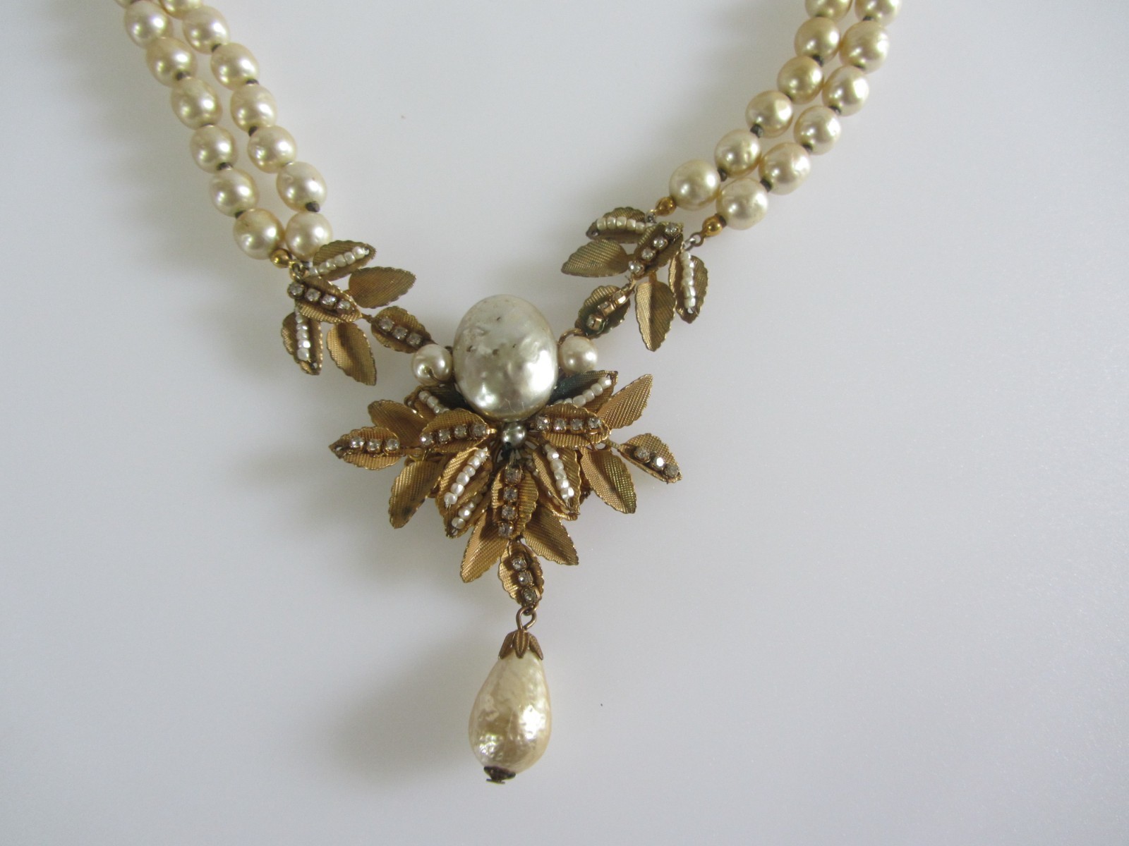 Vintage Signed Miriam Haskell Double Strand Pearl Necklace with Ornate Leaf Pend