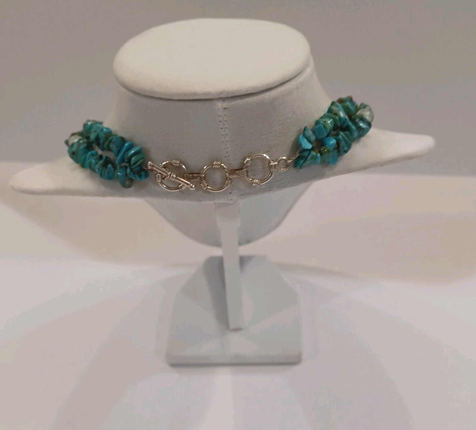 Vintage Double Strand Real Chip Turquoise And Pearl Necklace 925 Sterling 18″