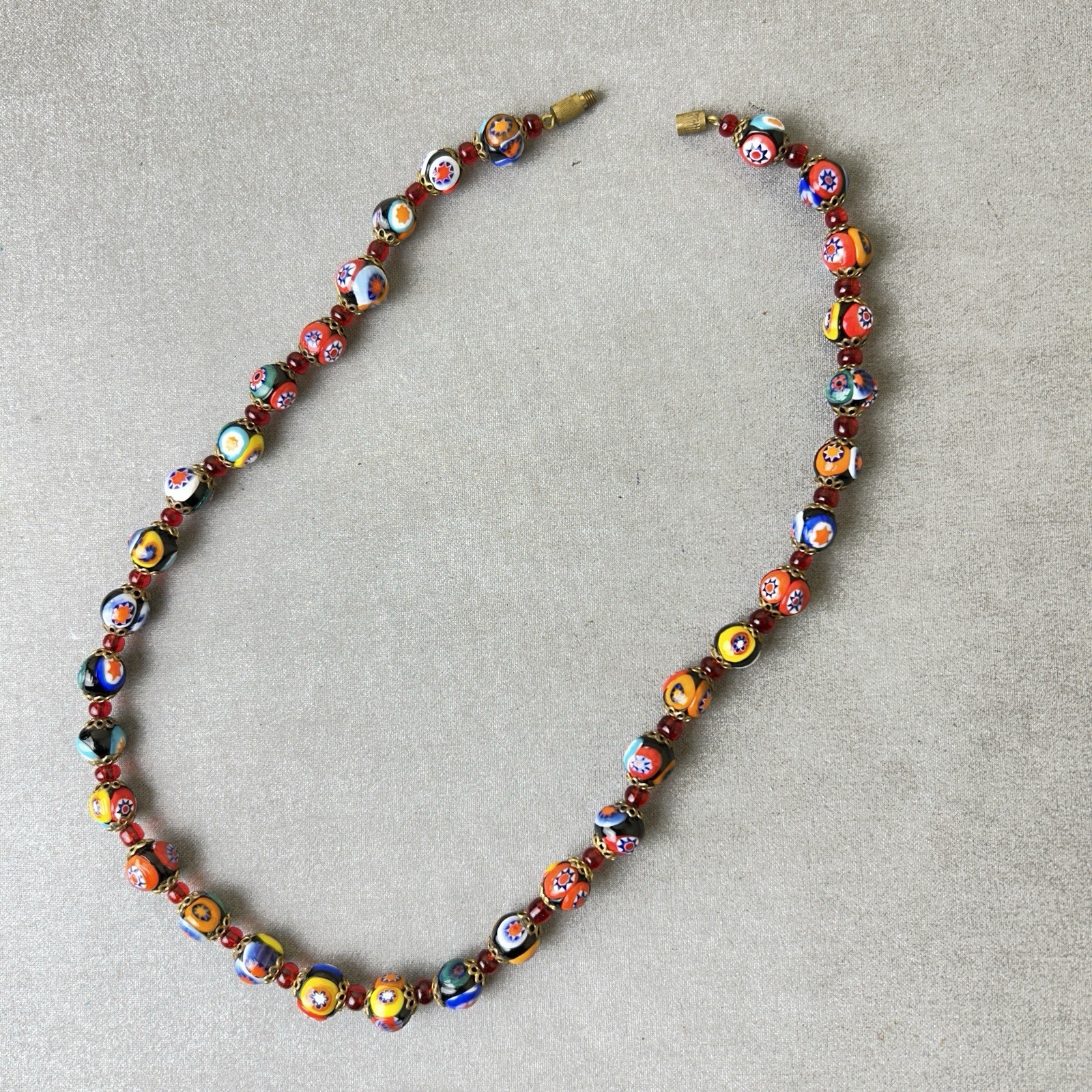 Millefiori Murano Venetian Glass Bead Necklace Italy Barrel 9 mm 17.5″ Long VTG