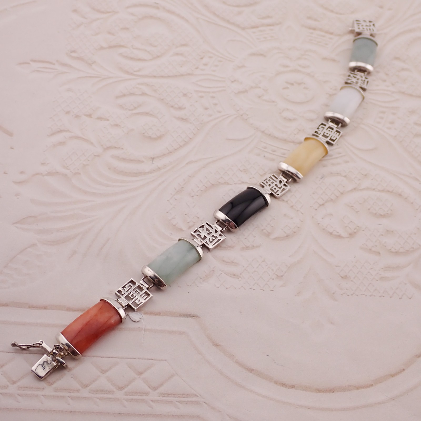 Vintage Sterling Silver Asian Red Green Gold Jade Onyx 7 1/2″ Panel Bracelet