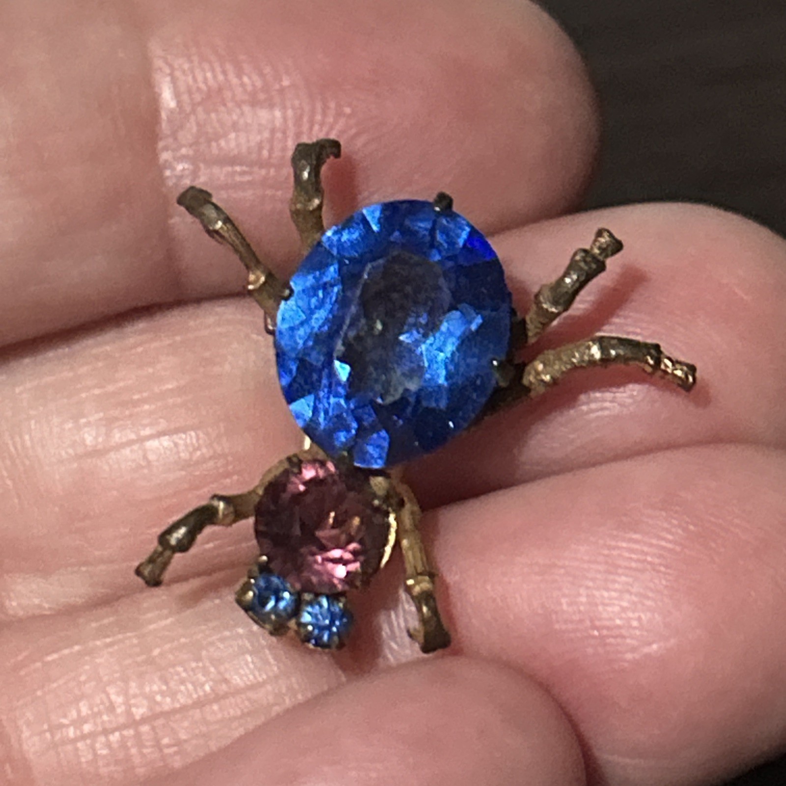 Antique Bug Insect Fly Brooch Pin Cobalt Blue Purple Rhinestones Brass Tones