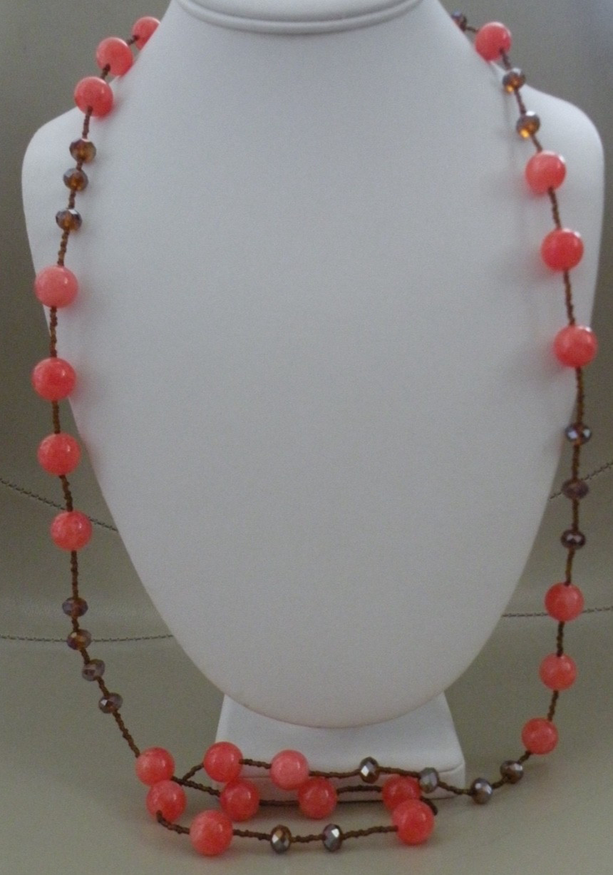 Vintage Peachy Orange Calcite Polished Gemstones Faceted AB Crystal Necklace 40″