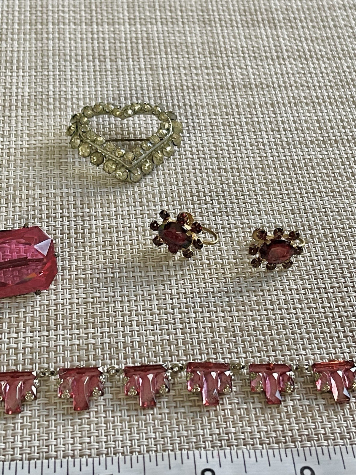 Antique Art Deco Czech PINK Vauxhall Foiled Glass Necklace Brooch Earrings Lot