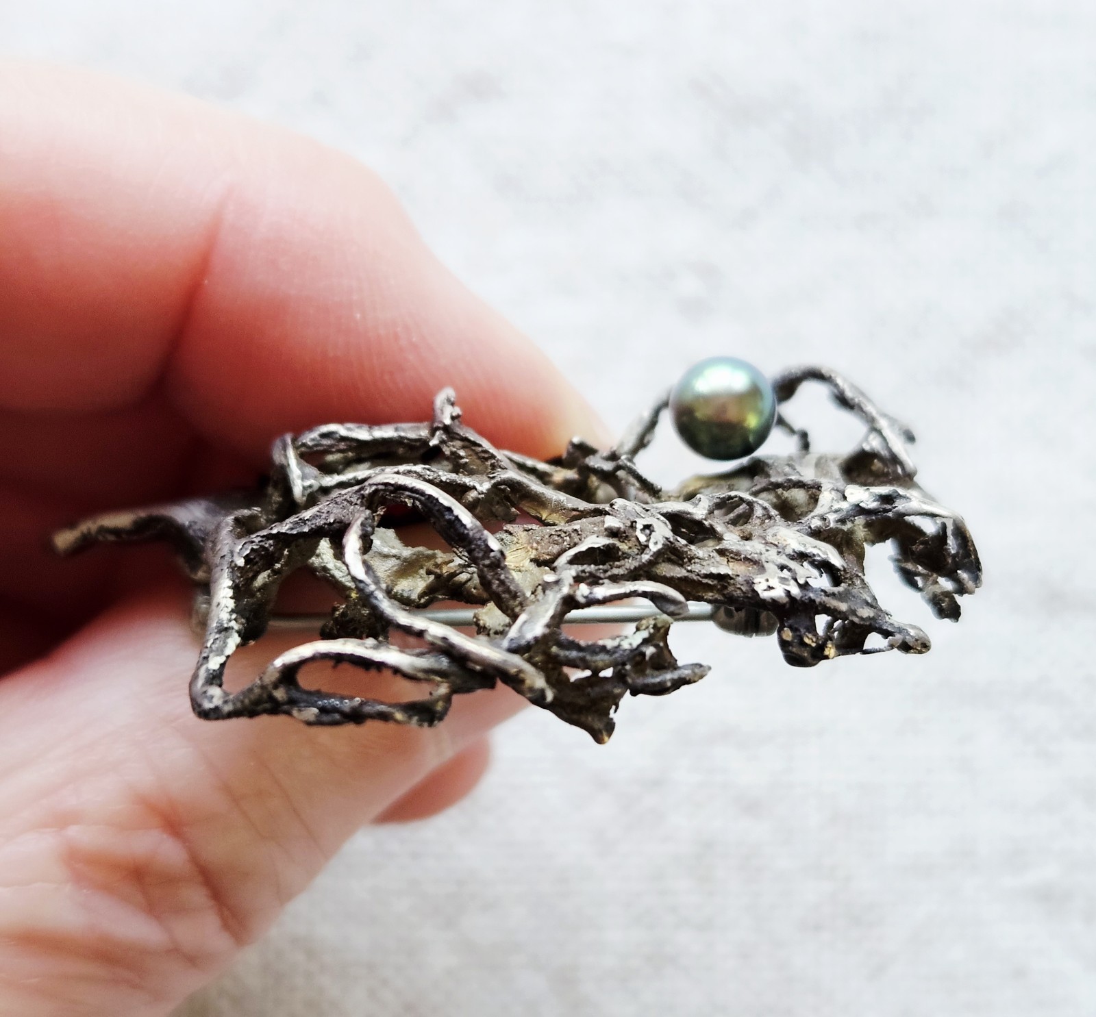 Vintage Modernist Mid-Century Brutalist Silver Brooch Pin Green Pearl