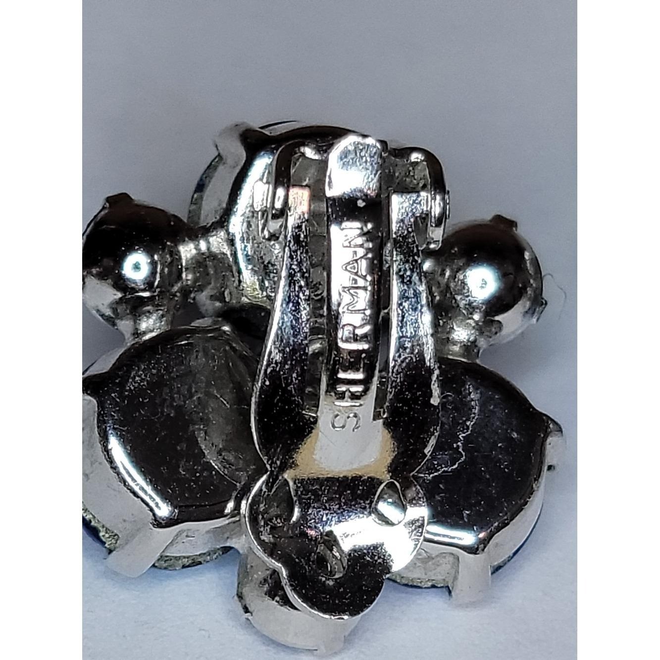 Vintage Gustav Sherman Blue Rhinestone Clip Earrings Signed Sapphire Cluster