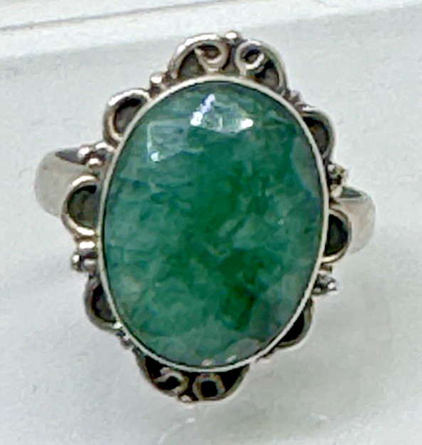 Vintage Artisan 12x17mm Oval Faceted Green Beryl Ring 925 Silver Size 7.5