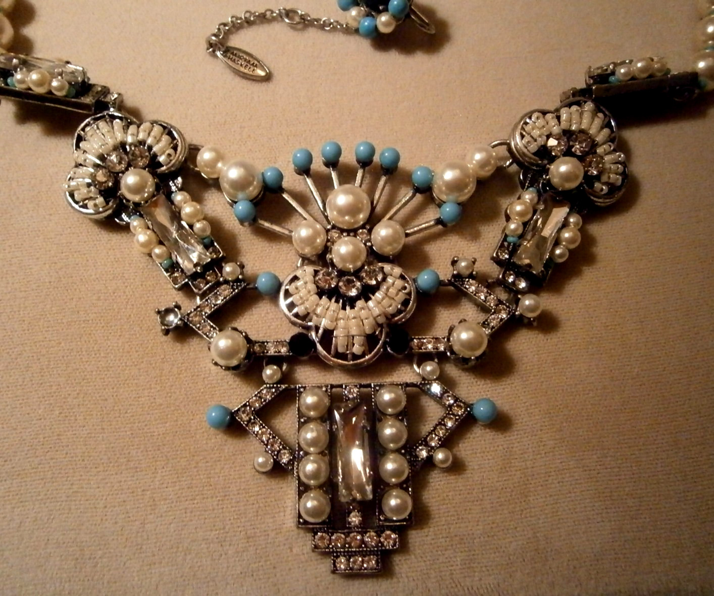 Exquisite Miriam Haskell Pearl Rhinestone Aqua Bead Bib Statement Necklace EUC