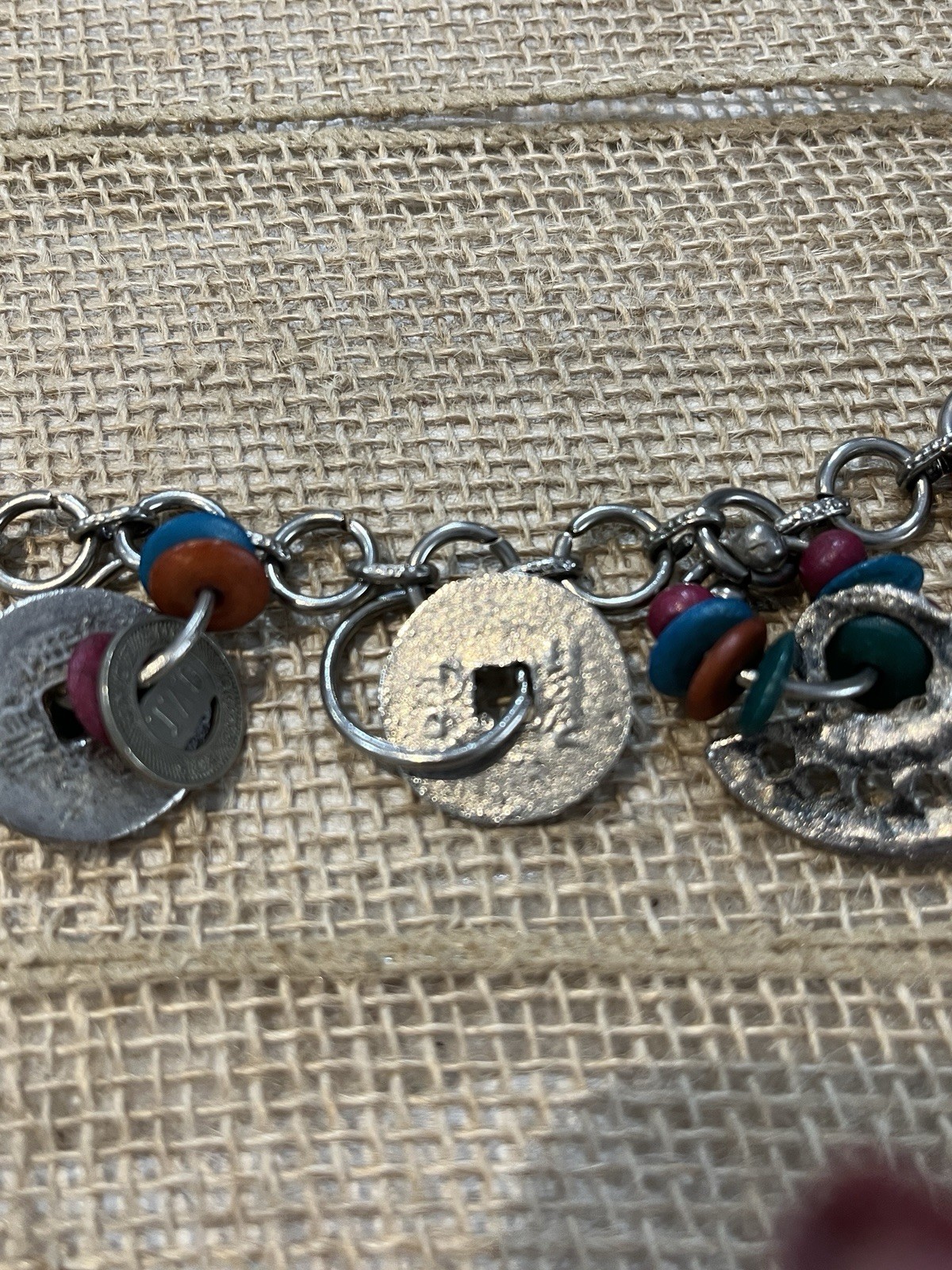 Vintage Artisan Crafted Coin Charm Bracelet Mixed Materials Estate Jewelry Boho