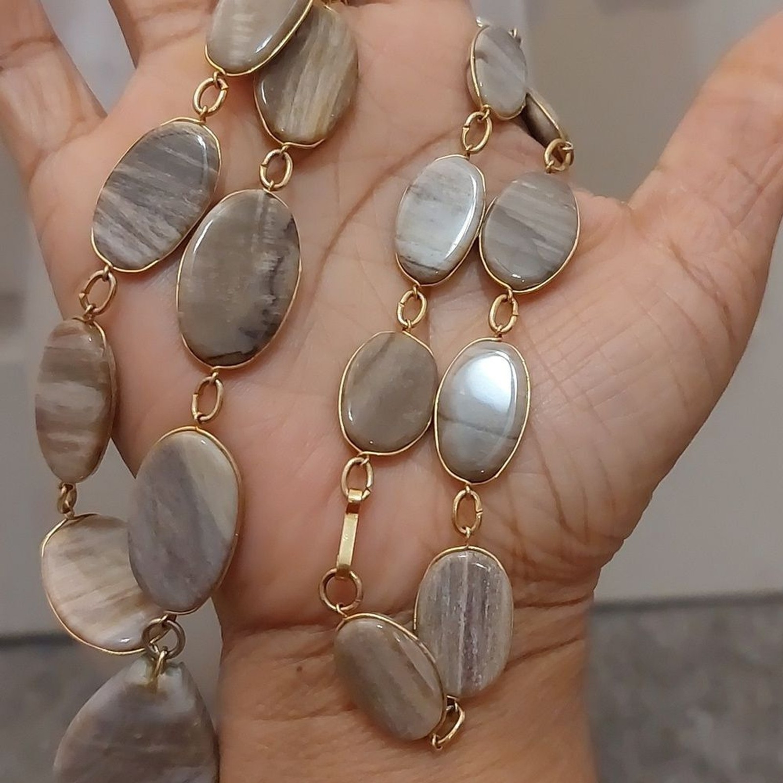 Natural Agate Stones Desert Stripes Wire Wrapped Gold Tone Link Necklace