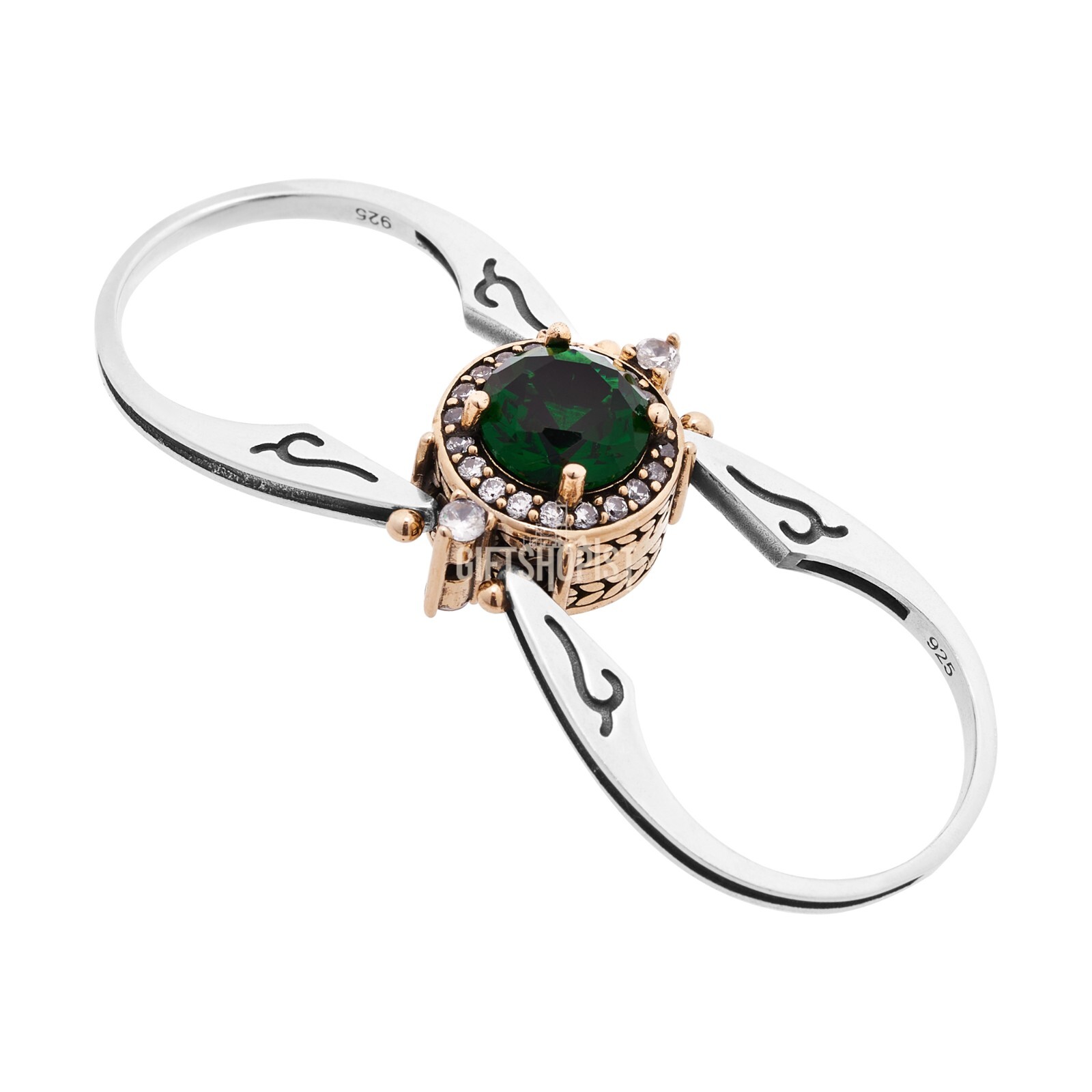 Turkish Reversible Round Emerald and Black Onyx Topaz 925 Sterling Silver Ring